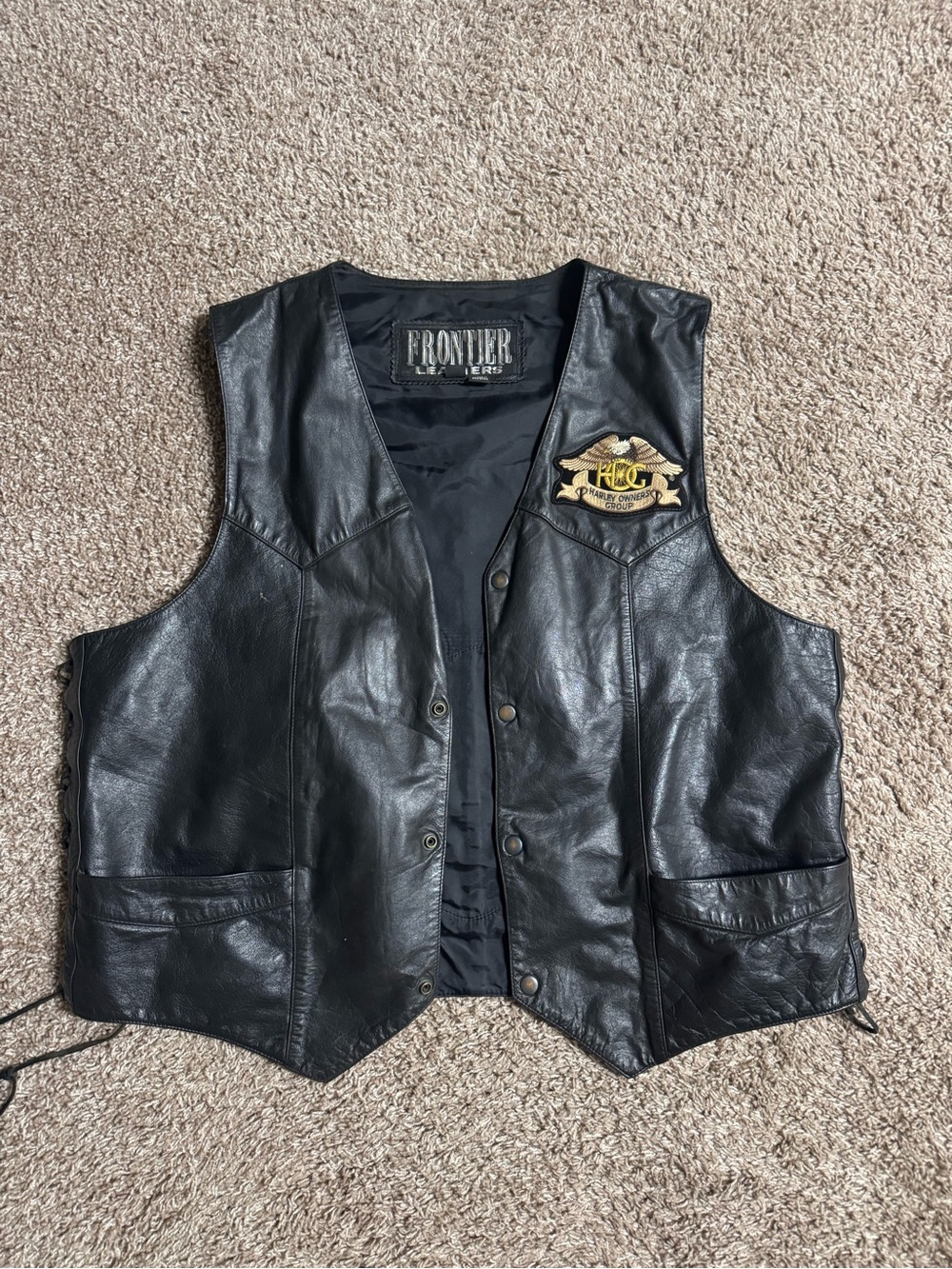 Black Leather Biker Vest with Embroidered Crest